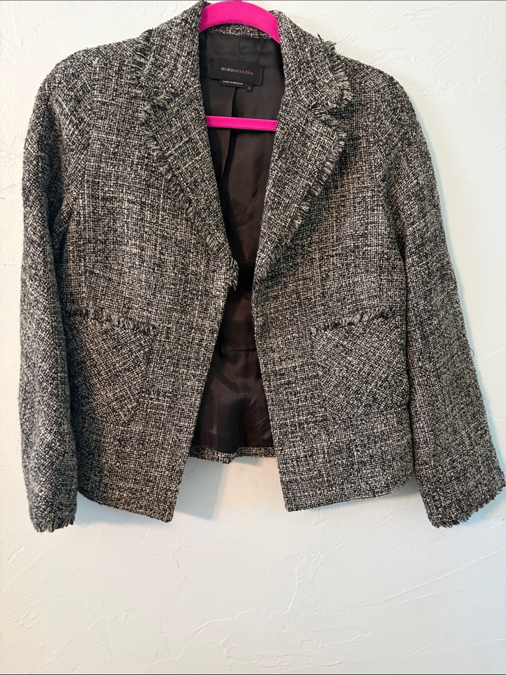 BCBGMaxAzria Black & White Tweed Fringe-Trim Blazer